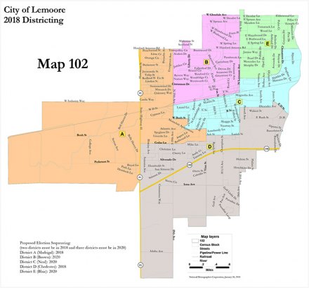 The above map (102) is one of two demographic maps the Lemoore City Council chose as possible electoral districts.